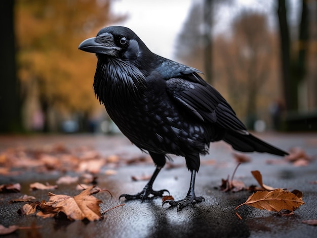 A black american crow on the ground