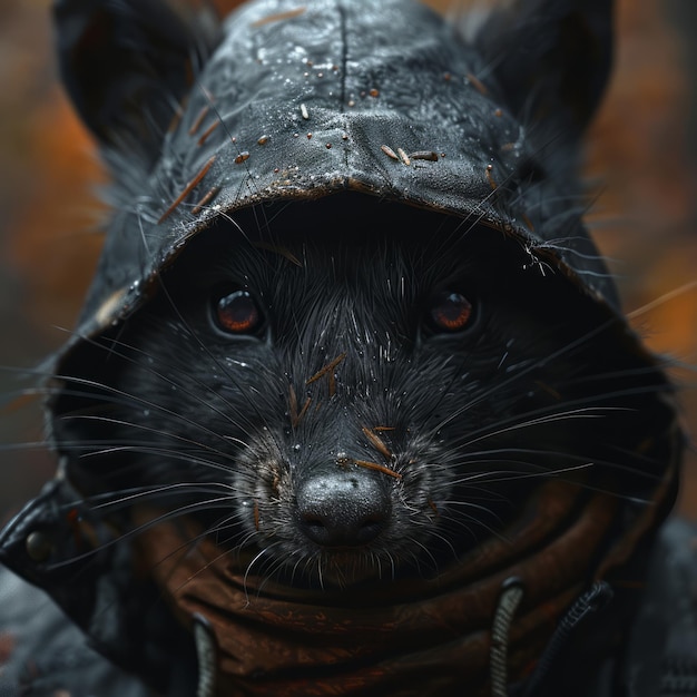 Photo a black animal with a hood on its head is wearing a hoodie