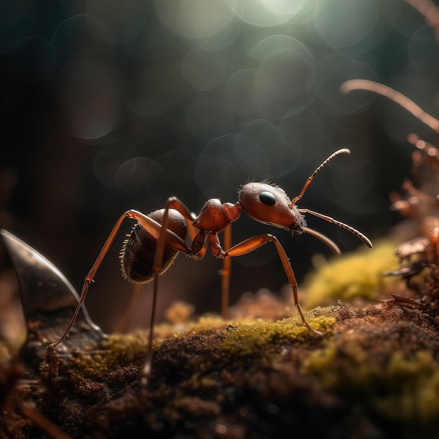 A black ant is on a moss covered log with a light behind it.