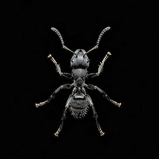 a Black Ant isolated on black Background top view