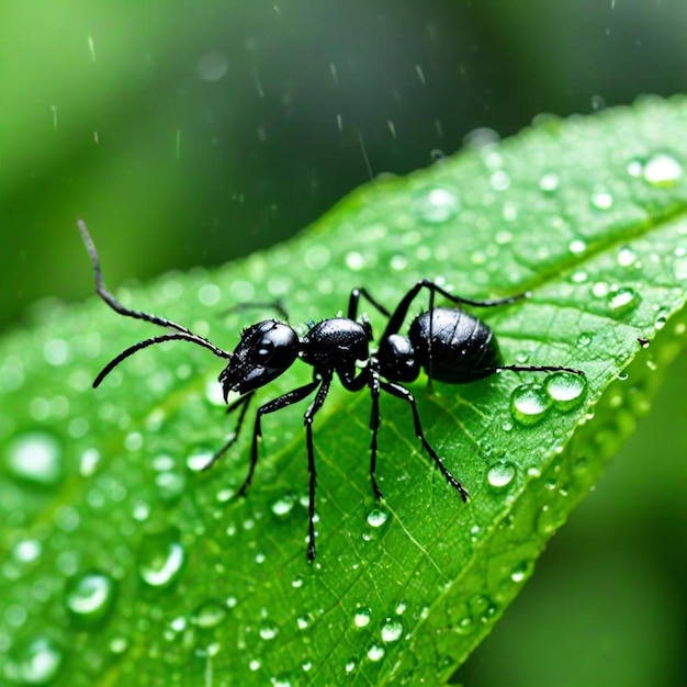 Photo a black ant with a black ant on the leaf