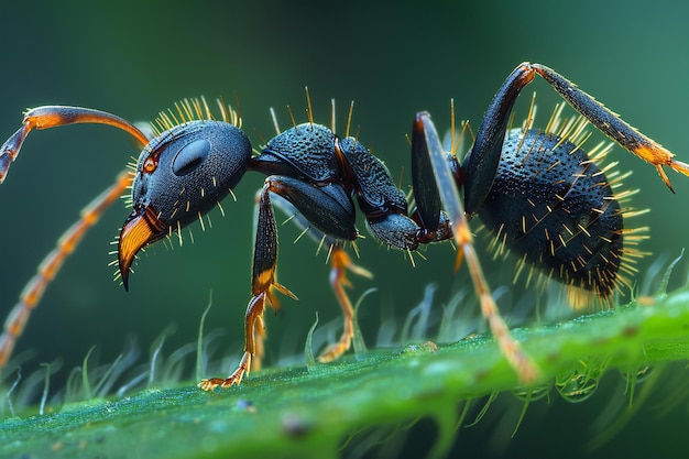 Photo a black ant with orange markings is walking on a blade of grass