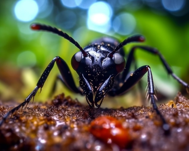 A black ant with red eyes and black dots on its face is looking at the camera.