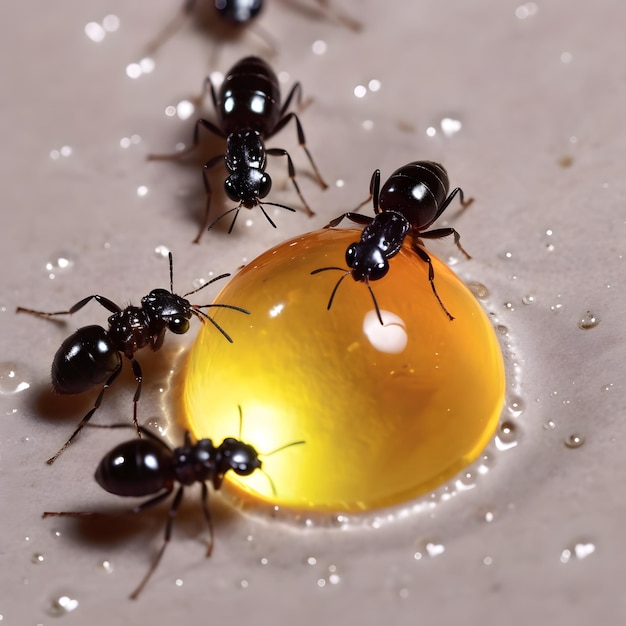 Black ants eating honey drop Concept of teamwork or hardworking or unity