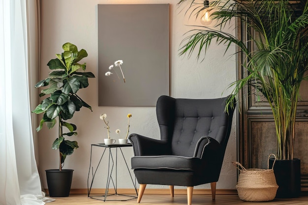 Black armchair between dandelion and plant in living room interior with copy space and grey painting