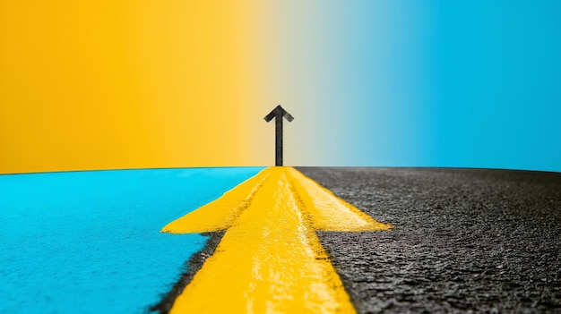 Photo black arrow on a yellow line separating blue and black surfaces representing business choice