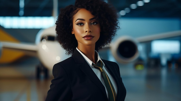 Photo black attractive flight attendant near airplane in airport