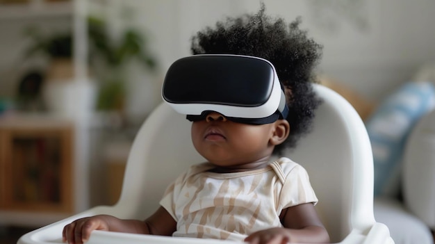 Black Baby In High Chair Using VR Headset For Entertainment Support For Busy Parents AI Generated