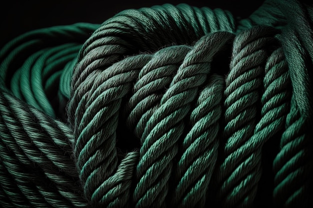 Black backdrop with an abstract dark green rope Close up