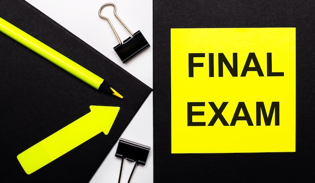 On a black background a bright yellow pencil and an arrow and a yellow sheet of paper with the text FINAL EXAM