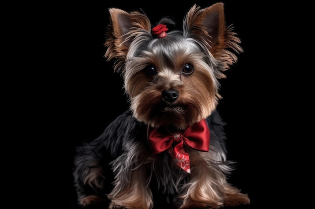 On a black background a cute Yorkshire terrier with a red ribbon and rose