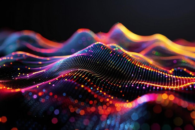 Black background depth of field effect model made up of colorful glowing data visualization lines