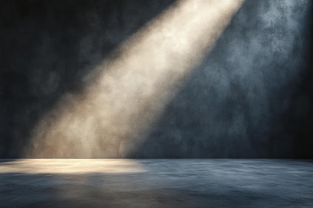 Photo black background of an empty studio with a concrete floor spot lighting and smoke