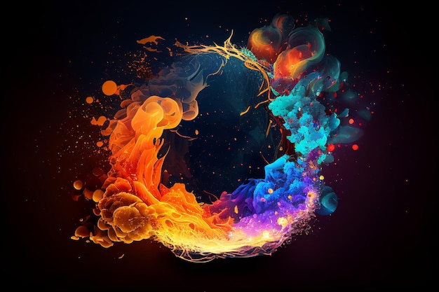 On a black background a fiery explosion with multicolored particles of smoke in the form of a burning flame Generative AI