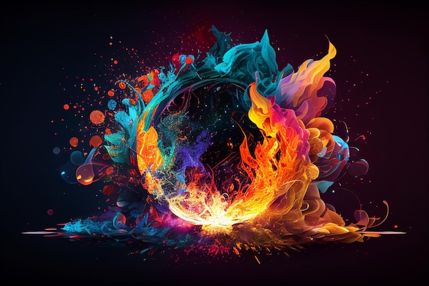 On a black background a fiery explosion with multicolored particles of smoke in the form of a burning flame Generative AI