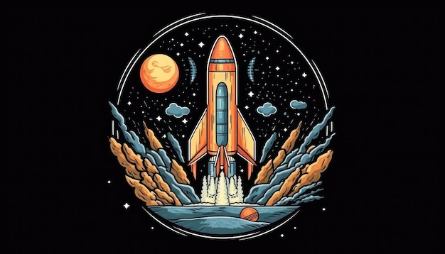 A black background is behind a rocket headed to the moon Illustration Generative AI