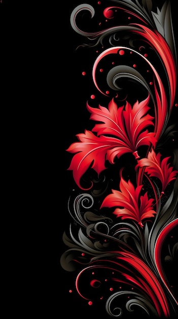 Black background phone wallpaper with red flowers and swirls