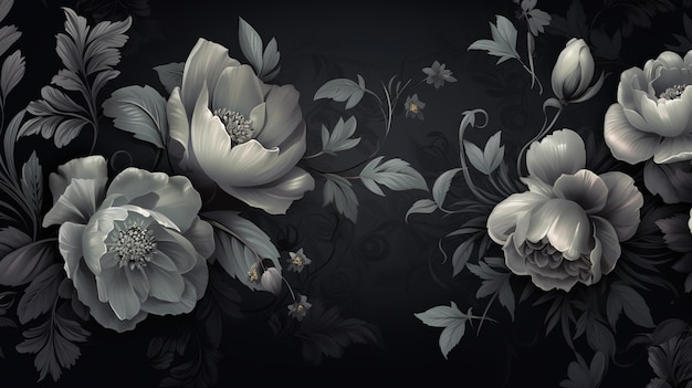 Black background in the style of stunningly beautiful illustrations with motifs of black flowers