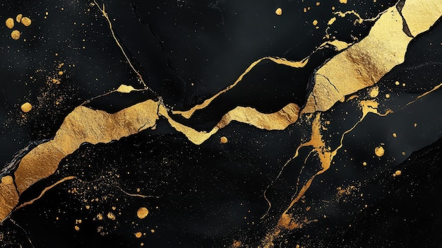 Photo black background with abstract liquid acrylic paint and gold veins