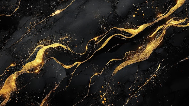 Photo black background with abstract liquid acrylic paint and gold veins