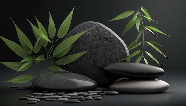 A black background with a bamboo plant and a black stone.