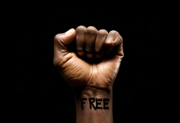 a black background with a black hand with the word free written on it