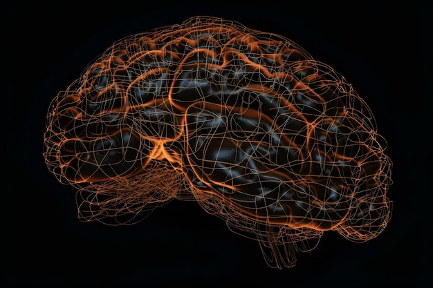 A black background with a brain in orange and black