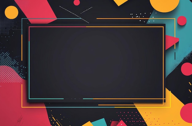 Photo black background with bright yellow red and teal geometric shapes and a large black square with an orange and blue frame