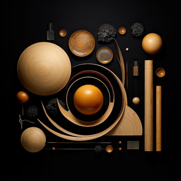 A black background with brown objects and a round ball