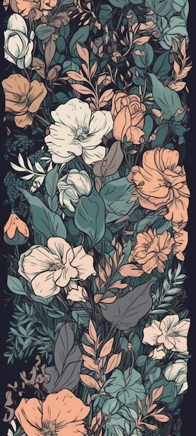 A black background with a bunch of flowers and leaves.