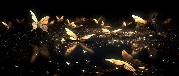 A black background with butterflies on the water