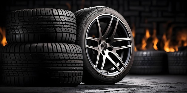 Black background with car tires ideal for auto parts business advertisement Concept Auto Parts Advertisement Car Tires Black Background Automotive Supplies Product Showcase