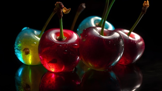 A black background with cherries on it