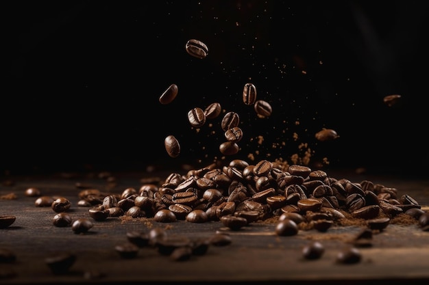 A black background with coffee beans falling from the top.