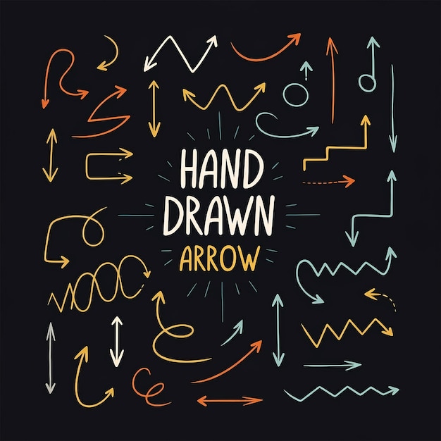 a black background with colorful arrows and a drawing of hand drawing on it