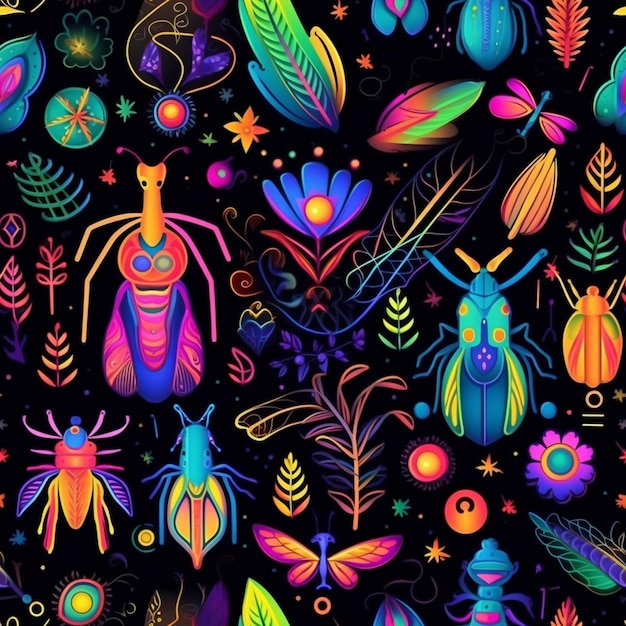 A black background with colorful bugs and flowers generative ai