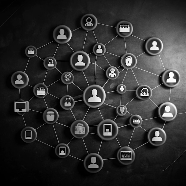 Photo a black background with a diagram of the network of people and icons