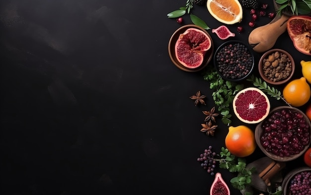 A black background with different fruits and nuts