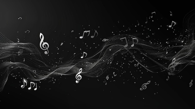 Black background with floating musical notes and waves