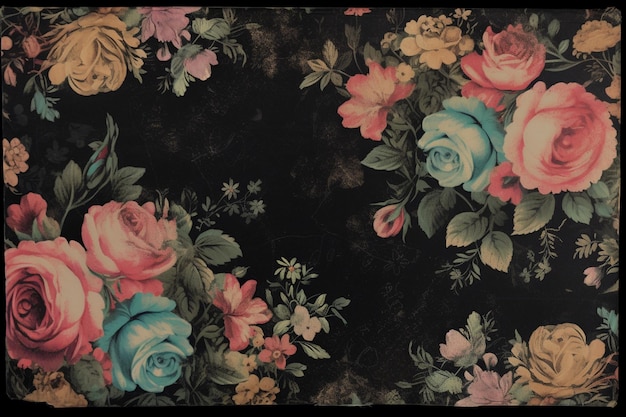 A black background with a floral pattern and a blue and pink roses.