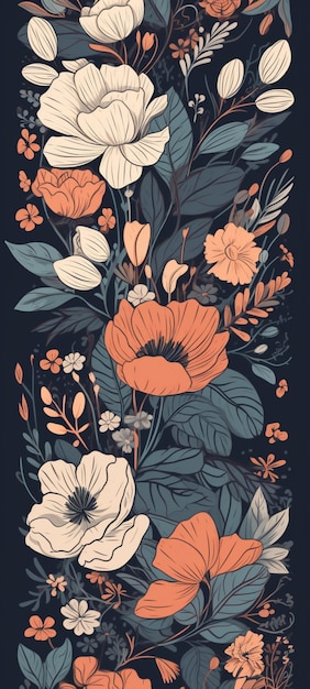 A black background with a floral pattern and a red and blue flower.