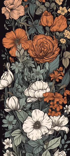 A black background with a floral pattern and a red and white flower.