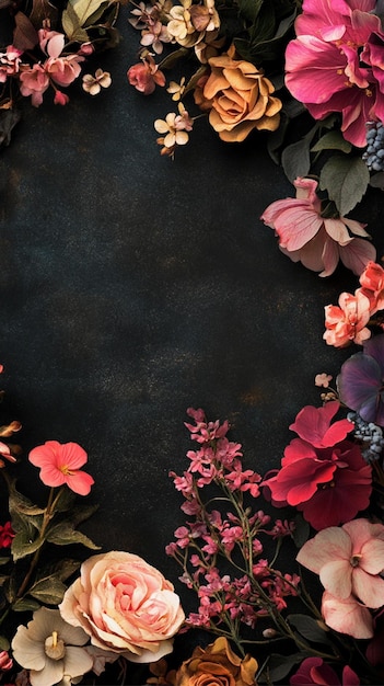 a black background with flowers and a frame that says  flowers