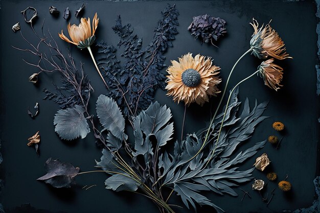 A black background with flowers and leaves on it.