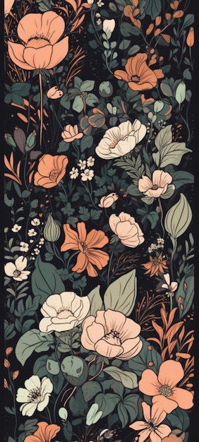 A black background with flowers and leaves on it