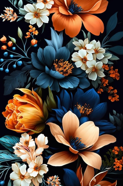 A black background with flowers and leaves.