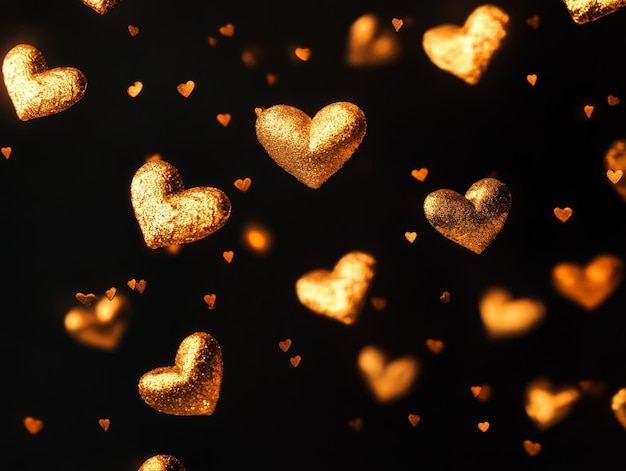 Photo black background with flying golden hearts for a postcard