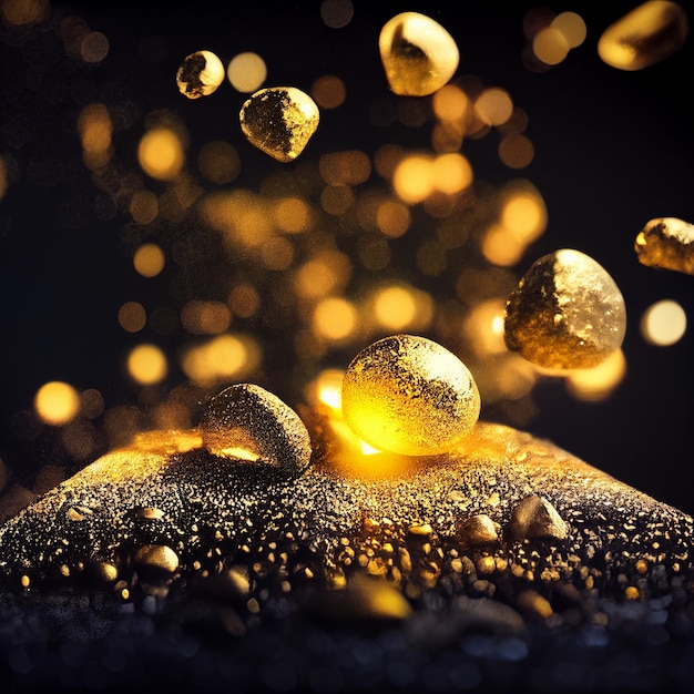 A black background with gold and black and white lights and water droplets