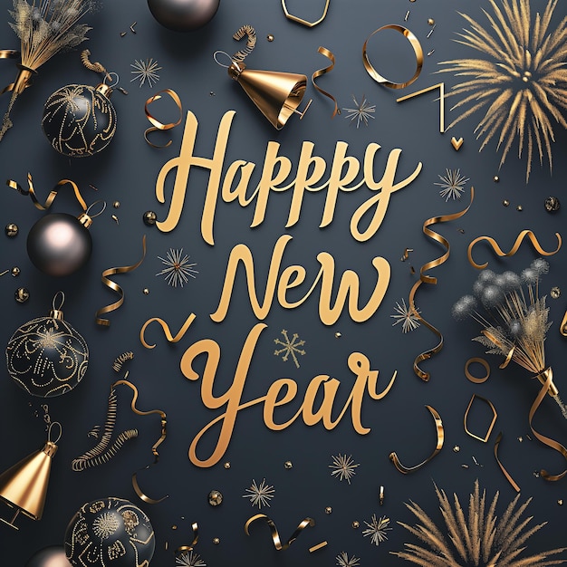 Photo a black background with gold decorations and a black background with a happy new year on it