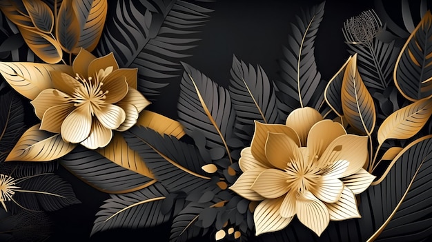 A black background with gold flowers and leaves.